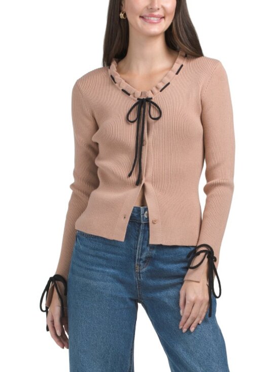 SUNDAY EDITION Taupe Cardigan With Bow Details - Picture 1 of 2